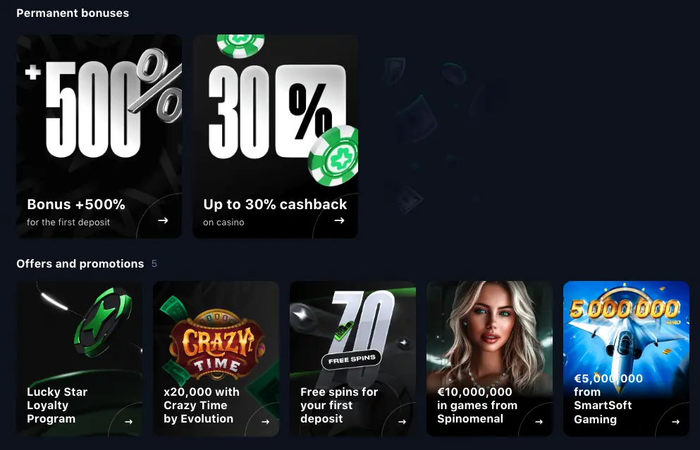 Permanent and Active bonuses and promotions at LuckyStar Casino